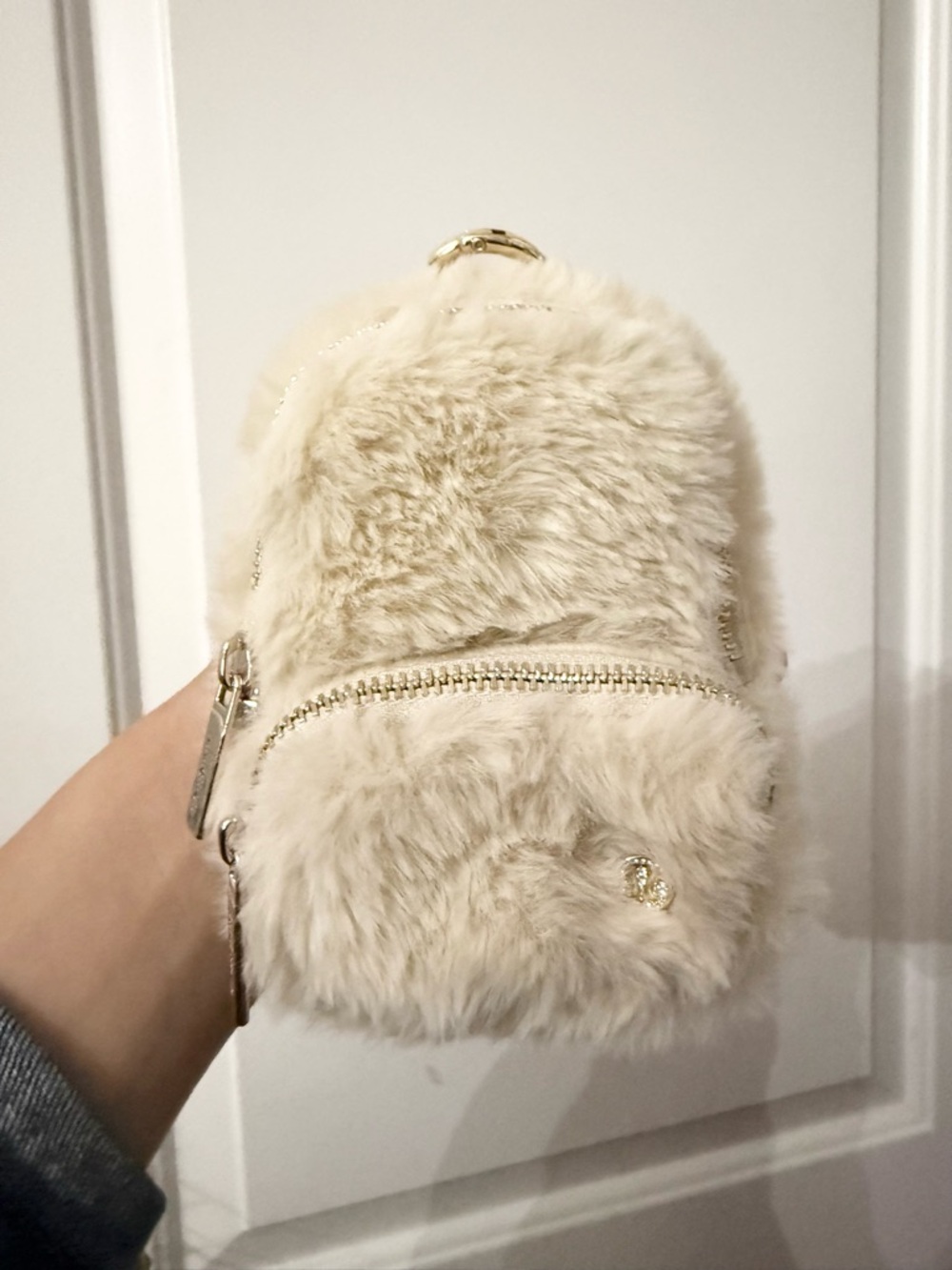 lululemon athletica Cream Faux Fur Mini Backpack Key Pouch